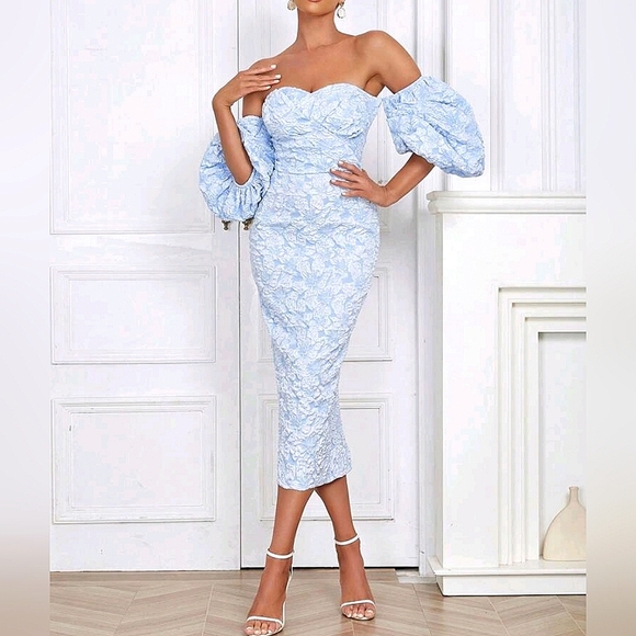 New Luxe Textured Floral Puffed Sleeve Dress Midi Off Shoulder Light Blue - Picture 1 of 10